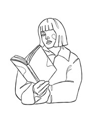 Continuous one line drawing of a woman reading a book. Vector illustration.