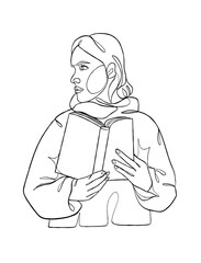 Continuous one line drawing of a woman reading a book. Vector illustration.