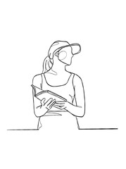 Continuous one line drawing of a woman reading a book. Vector illustration.