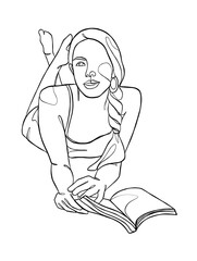 Continuous one line drawing of a woman reading a book. Vector illustration.