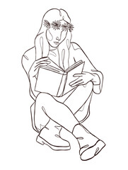 Continuous one line drawing of a woman reading a book. Vector illustration.