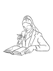 Continuous one line drawing of a woman reading a book. Vector illustration.