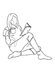 Continuous one line drawing of a woman reading a book. Vector illustration.