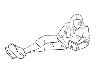 Continuous one line drawing of a woman reading a book. Vector illustration.