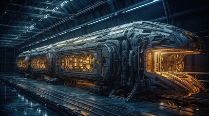 Futuristic transit station with train. Tunnel. Hall of the solar system. Generative AI