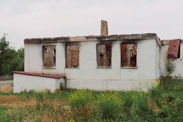 Countryside. A house destroyed by shelling. War in Ukraine