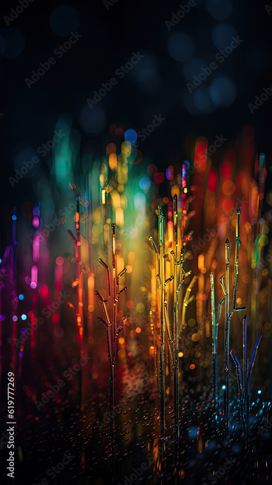 Poster abstract background with colorful bokeh defocused lights and grass, generative ai