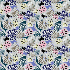 Seamless retro floral pattern. Multicolored flowers on a light gray background with polka dots.