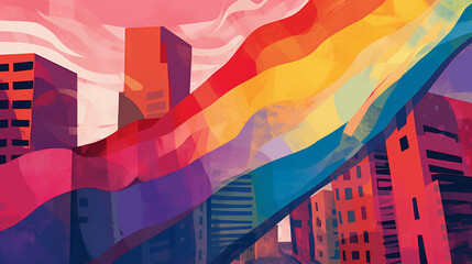 The pride flag is shown waving high above an urban city