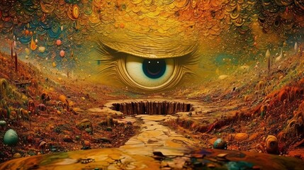 Wall with monster's eye. Colorful surreal picture of imagination. Inside of colorful fantasy. Generative AI