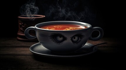 Soup in white plate with eyes. Generative AI