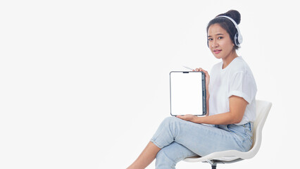 Woman showing tablet on white background
