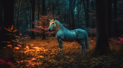 Unicorn in a night forest. Generative AI