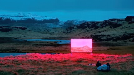 Pink movie screen in nature. Landscape created with Generative AI 