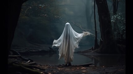 Dreamy ghost alone in forest. Created with Generative AI 