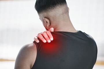 Man, neck pain and fitness, injury and red overlay, back and medical emergency with muscle...