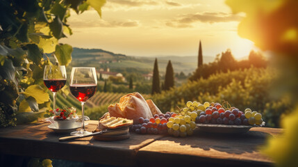 glasses of wine on wooden table with vineyard view in tuscany, italy