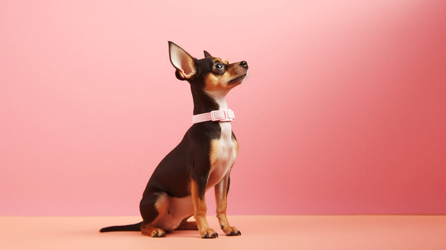 a small chihuahua dog sits next to a pink women's handbag, generative AI  Stock Illustration