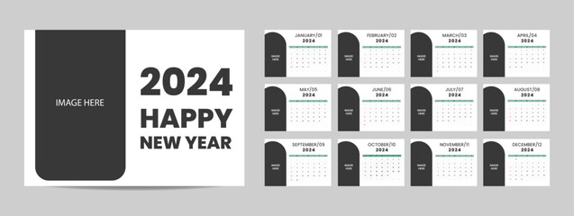 Fototapeta na wymiar Monthly desk calendar template for 2024 year. Week Starts on Sunday. Wall calendar 2024 in a minimalist style, Set of 12 months, Planner, printing template, office organizer vector.