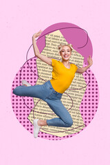 Vertical illustration collage of young funny lady blonde hair jump stretching flexible book...