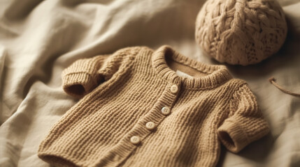 Fototapeta na wymiar Knitted cardigan for baby, close-up, generative AI.