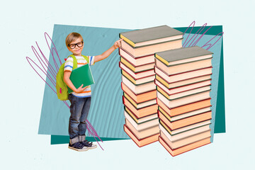 Artwork magazine collage picture of small little boy enjoying reading fairytales isolated blue...
