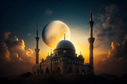 Mosque sunset sky, huge moon, holy night, islamic night and silhouette mosque, islamic. Generative AI.
