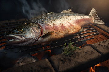 Fresh raw salmon fish on barbecue grill with smoke, close-up. Generative AI