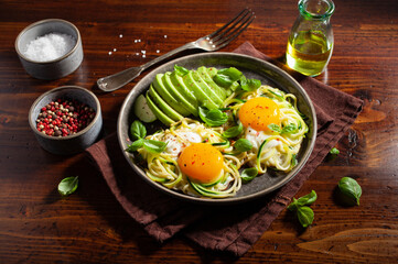 keto low carb breakfast baked spiralized zucchini with eggs and avocado