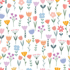 Floral Delight: Hand-Drawn Flower Seamless Pattern in Cute Cartoon Style, Perfect for Backgrounds and Decorative Designs