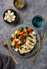 chicken breast with sweet potato, blue cheese and kale. healthy lunch