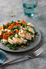 chicken breast with sweet potato, blue cheese and kale. healthy lunch