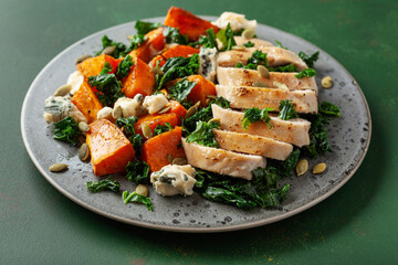 chicken breast with sweet potato, blue cheese and kale. healthy lunch