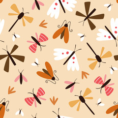 Flying bugs seamless pattern. Repeat pattern with abstract butterflies, moths, dragonflies and flies isolated on yellow background. Square design. Vector illustration.