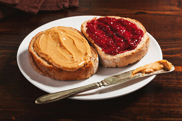smooth peanut butter and jam bread toast, american traditional sandwich