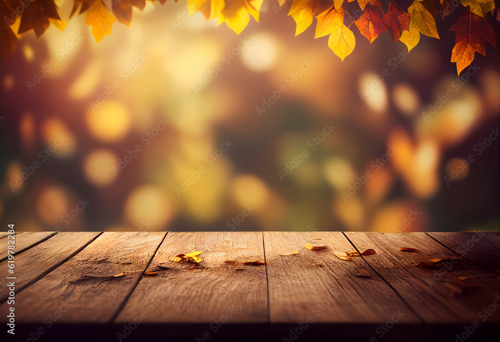 Poster Beautiful autumn nature background with orange gold maple leaves on background of sunlight with soft blurred bokeh and empty wooden table planks