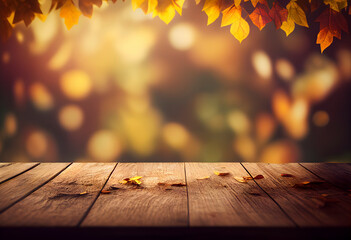 Naklejka na ściany i meble Beautiful autumn nature background with orange gold maple leaves on background of sunlight with soft blurred bokeh and empty wooden table planks