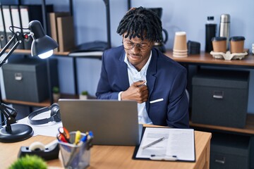 African american man business worker suffering for chest pain at office