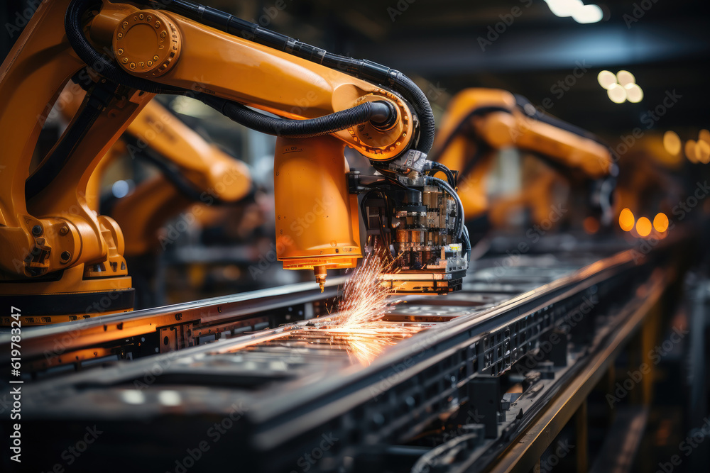 Poster Robotic arm for electronic assembly line. Smart modern factory automation using advanced machines. Generative AI