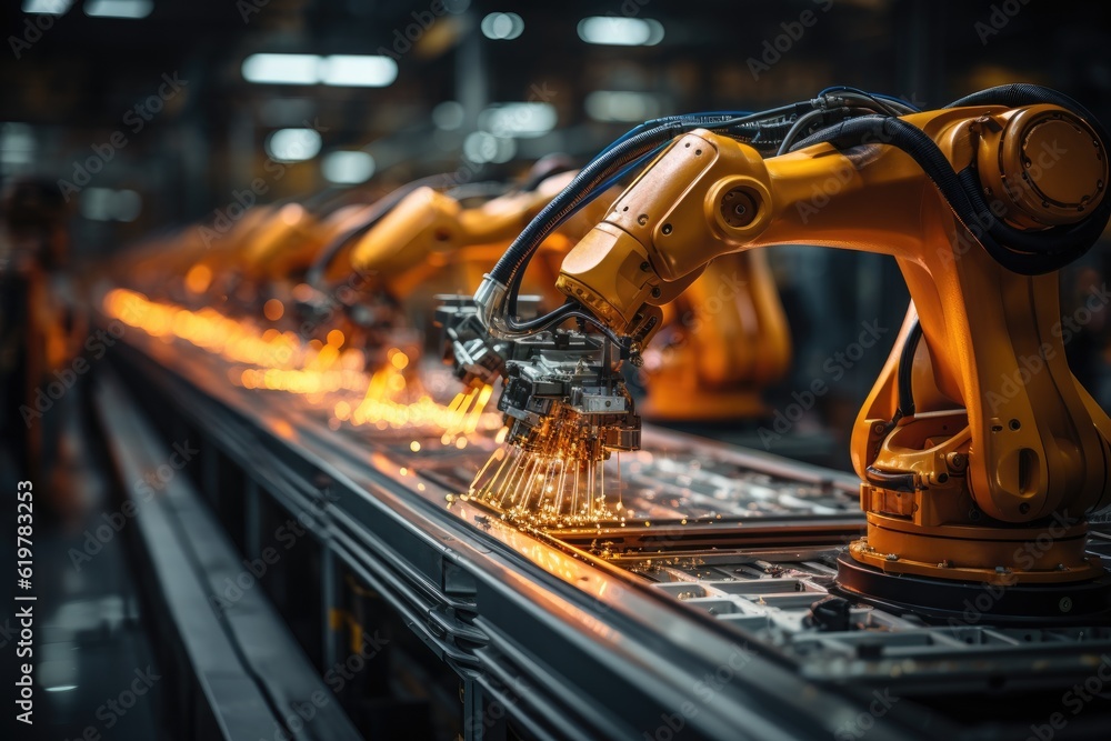 Fototapete Robotic arm for electronic assembly line. Smart modern factory automation using advanced machines. Generative AI