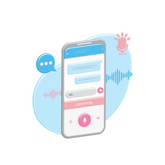 Volumetric voice sending of message on Internet with 3D microphone button, chatting. Vector sound wave. Correspondence in cartoon smartphone. Voice assistant. Sound recognition.