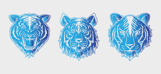illustration of a tiger's head vector image with blue gradations consisting of three images