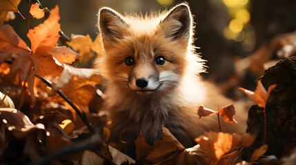 Obraz premium Red fox in the forest, hiding in the maple leaf, Generative Ai