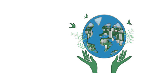 The world inside is an environmentally friendly city. Concept of economic sustainability and nature conservation. Space for text. Design for background, cover, website, poster and banner.