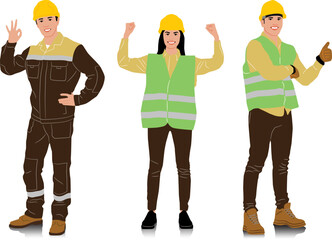 Hand-drawn set of male and female workers with helmets and vests in different poses and color options. Vector illustration isolated on white