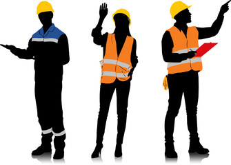 Silhouette set of male and female workers with helmets and vests in different poses and color options. Vector illustration isolated on white