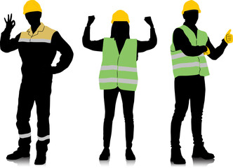 Obraz premium Silhouette set of male and female workers with helmets and vests in different poses and color options. Vector illustration isolated on white