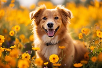 Dog Portrait Flower Companion. Generative AI