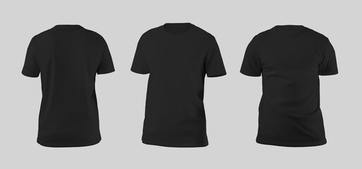 Male black t-shirt template 3D rendering, front, back view, isolated on background. Set