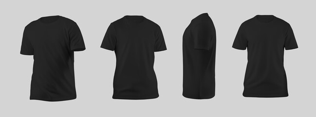 Mockup of men's black t-shirt 3D rendering, front, side view, clothing presentation for commerce, advertising. Set - obrazy, fototapety, plakaty